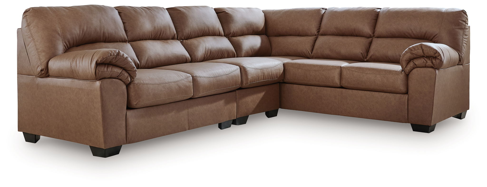 Corner sectional sofa with tufted cushions and rolled arms, light brown upholstery