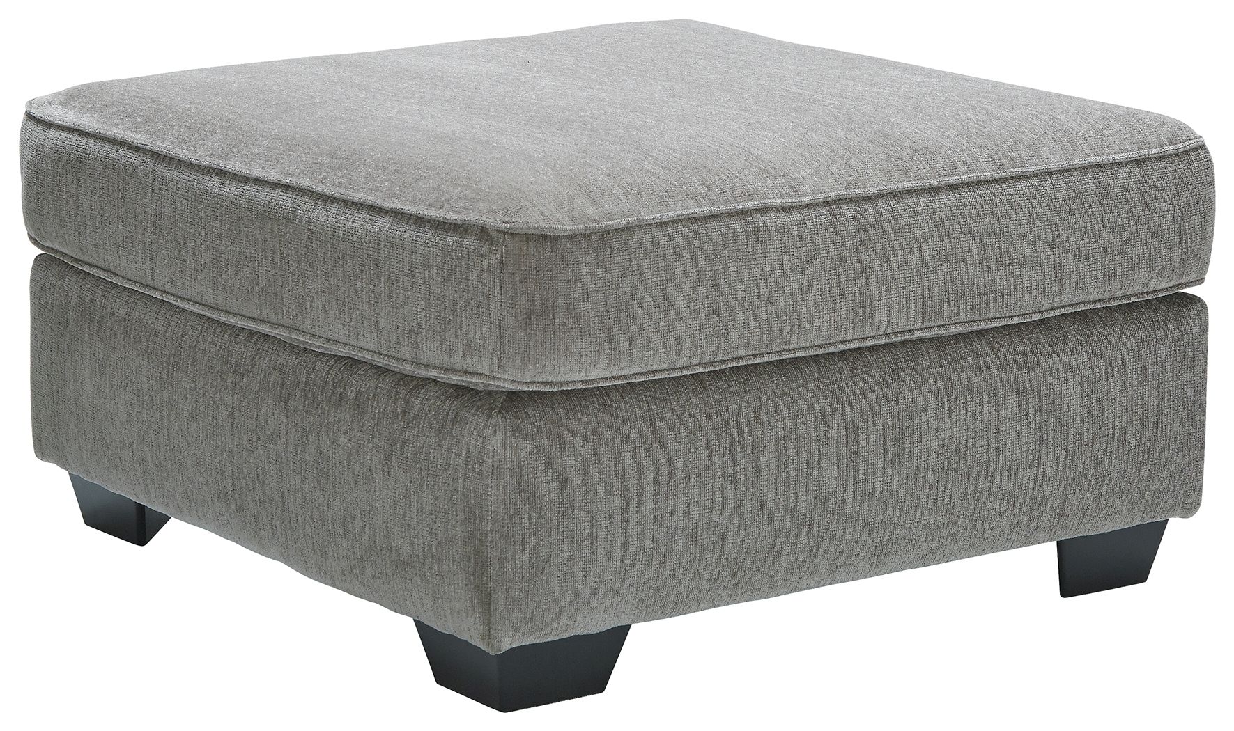 Light gray upholstered accent ottoman with padded top and short dark square legs