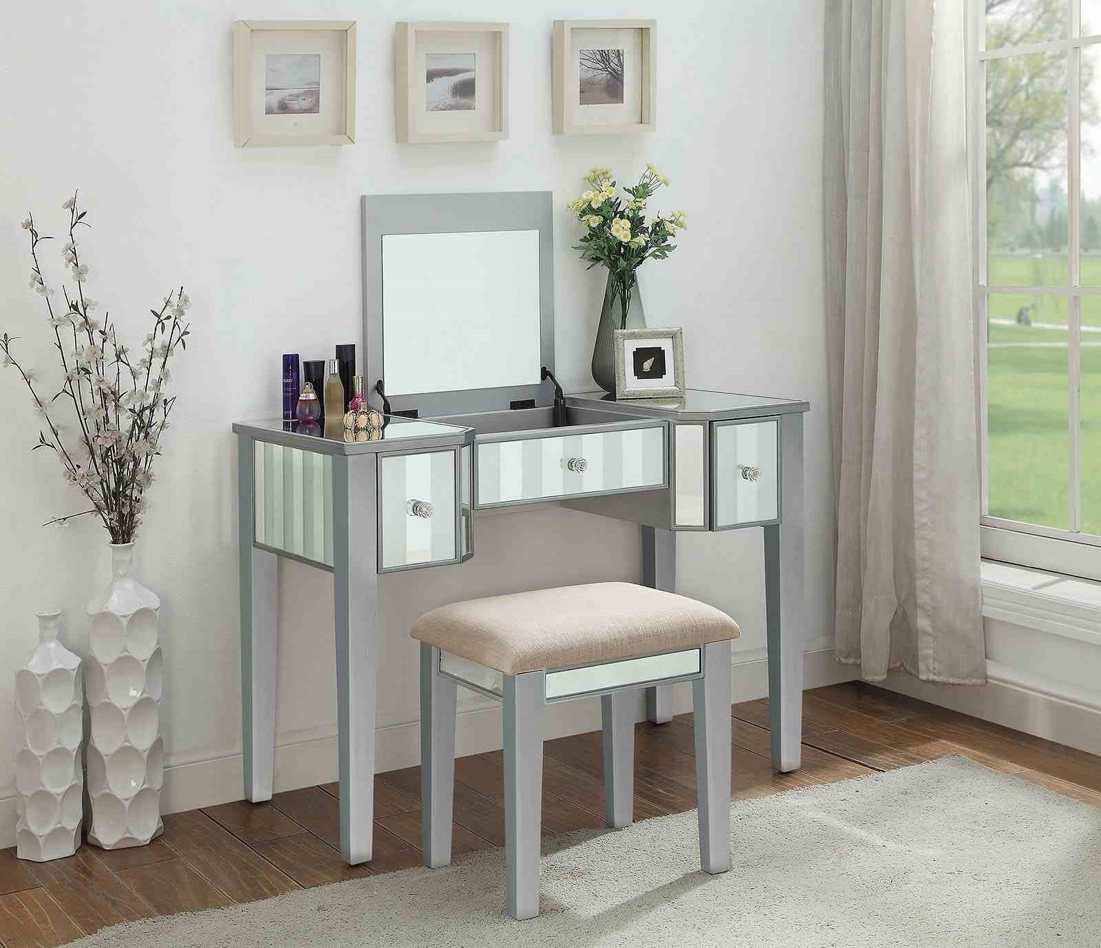 Transitional Vanity & Stool Set: Storage Drawers, Mirror, Silver Finish