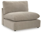 Pebble armless chair with tall back and padded seat, beige upholstered fabric