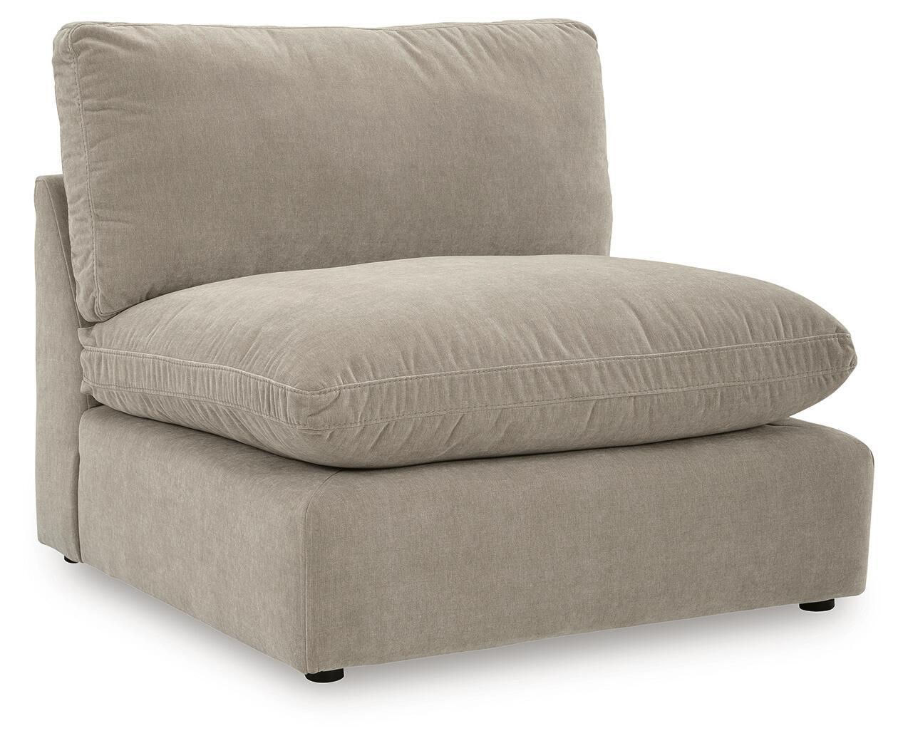 Pebble armless chair with tall back and padded seat, beige upholstered fabric