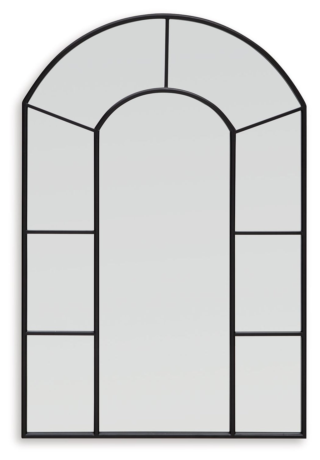 Black framed arched accent mirror with central rectangular reflective panel