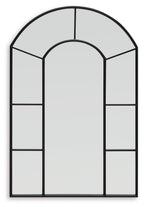 Black framed arched accent mirror with central rectangular reflective panel