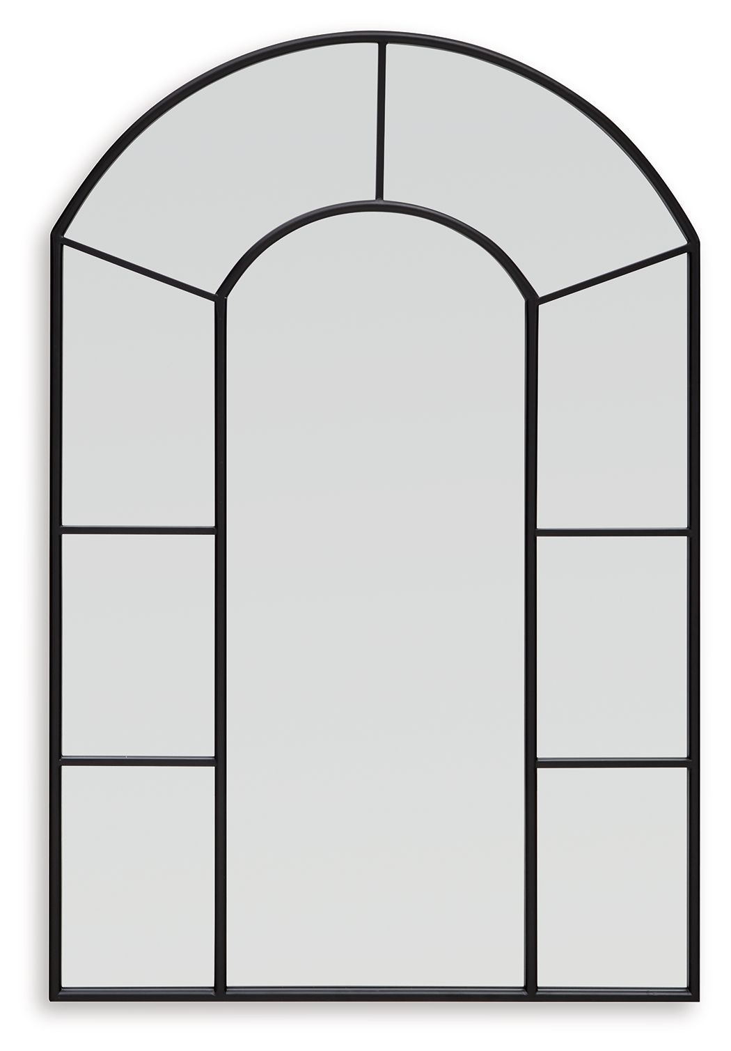 Black framed arched accent mirror with central rectangular reflective panel