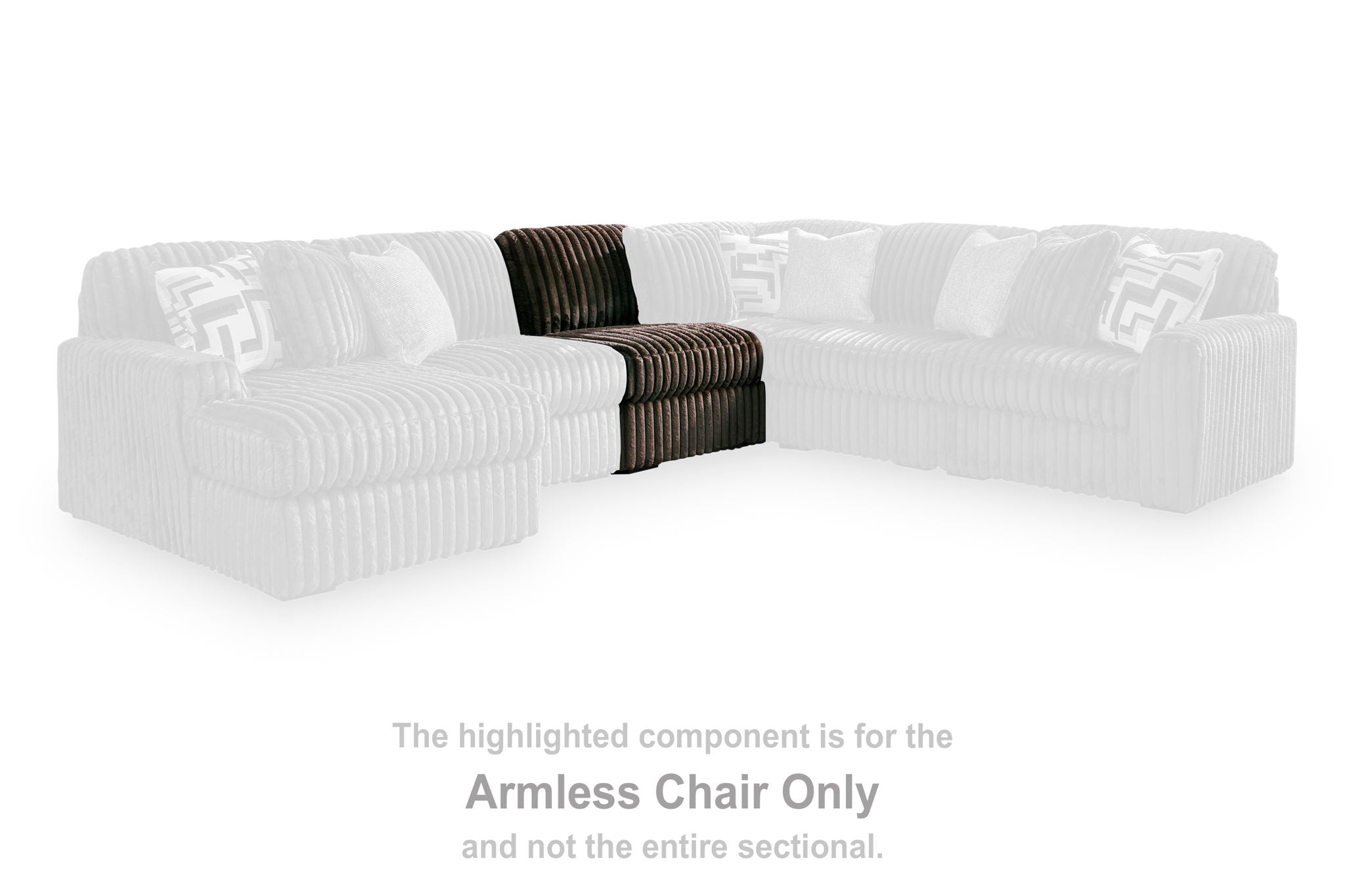 White armless chair component for sectional, highlighted seat and back cushions.