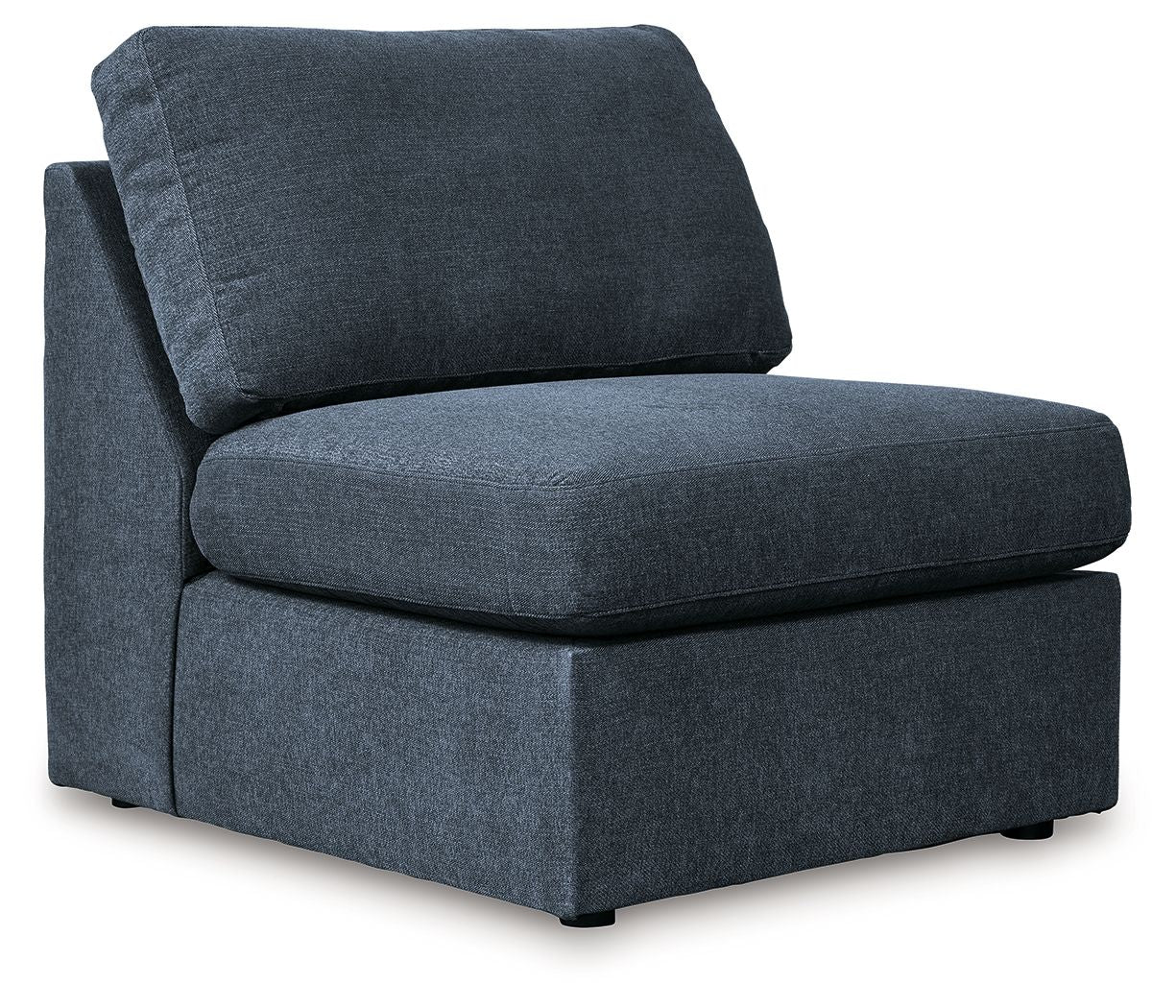 Blue sectional chair with tall backrest cushion and squared base legs