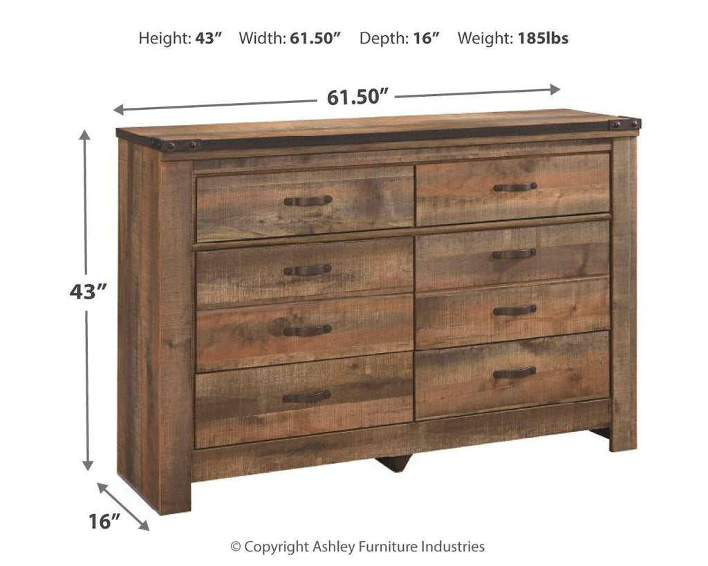 Dark brown six-drawer dresser with bar pulls, shown with size measurements