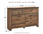Dark brown six-drawer dresser with bar pulls, shown with size measurements
