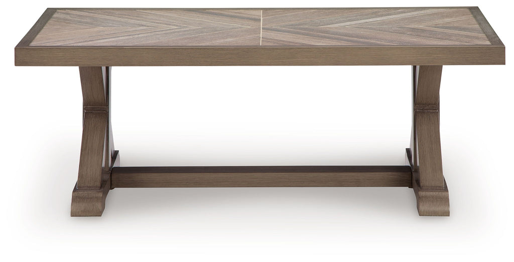 Rectangular cocktail table with beige wood-look top and open bottom shelf