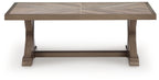 Rectangular cocktail table with beige wood-look top and open bottom shelf