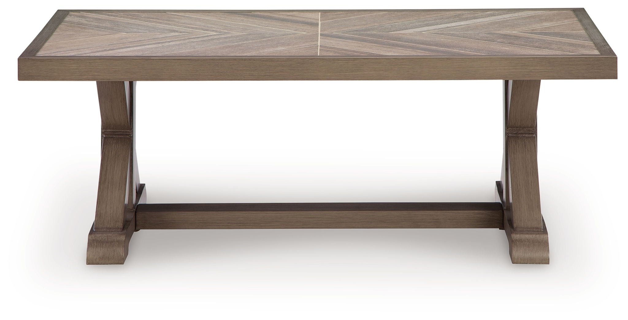 Rectangular cocktail table with beige wood-look top and open bottom shelf