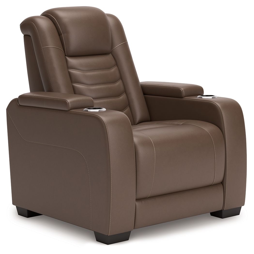 Brown power recliner chair with padded adjustable headrest and armrests