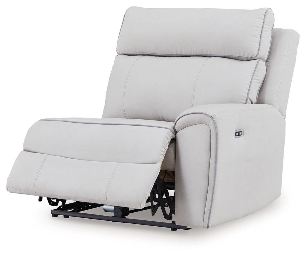 Power wall recliner chair, light gray fabric, reclined with extended footrest.