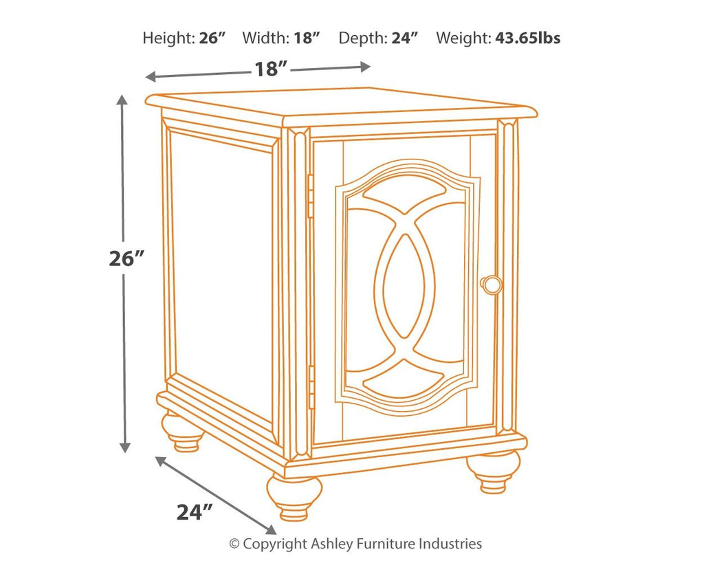Outlined side end table with inset mirror door; height 26" width 18" depth 24"