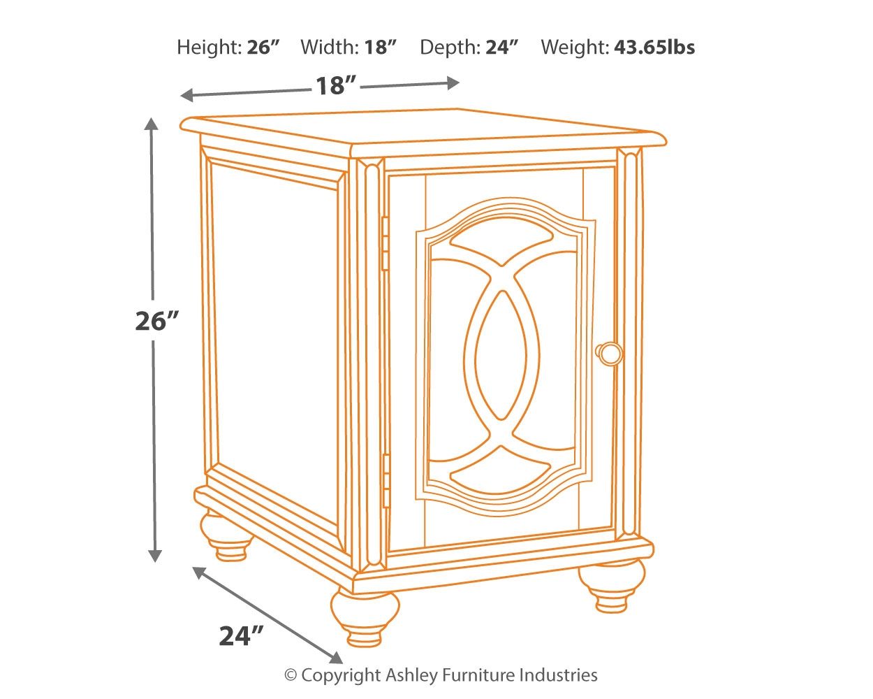 Outlined side end table with inset mirror door; height 26" width 18" depth 24"