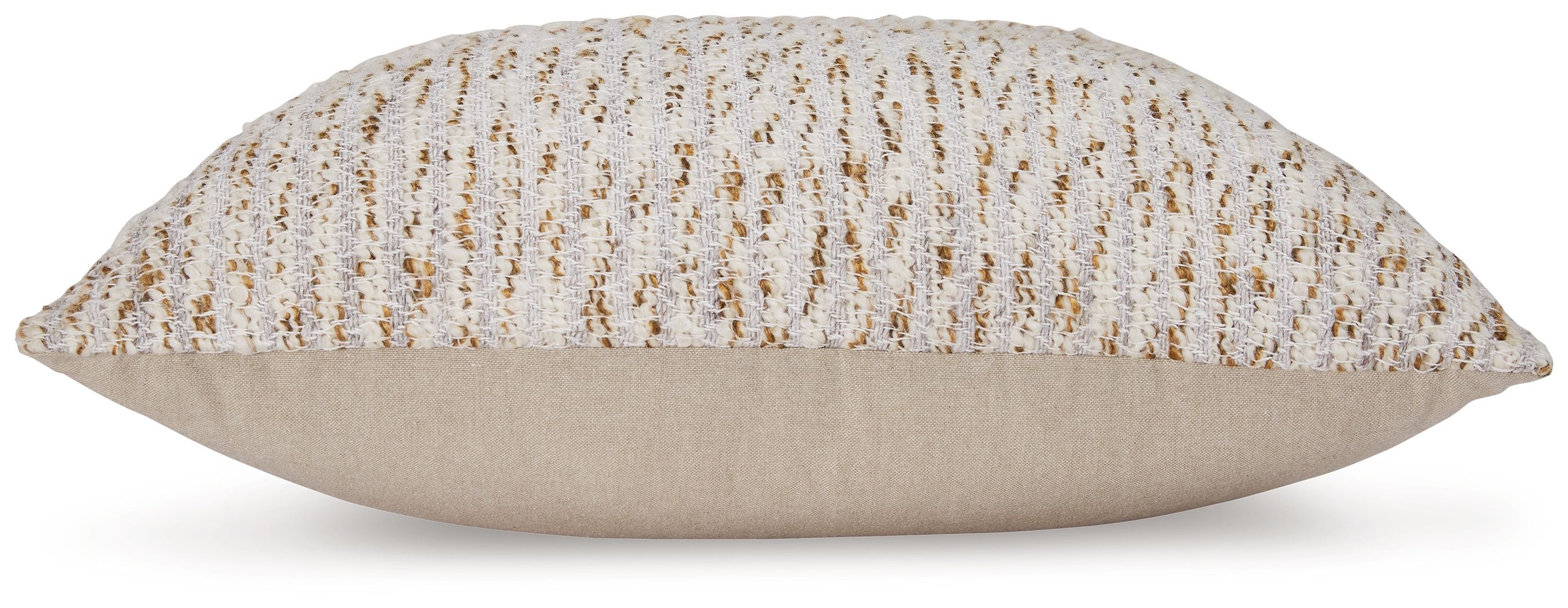 Abler beige textured pillow with solid reverse, shown in side view