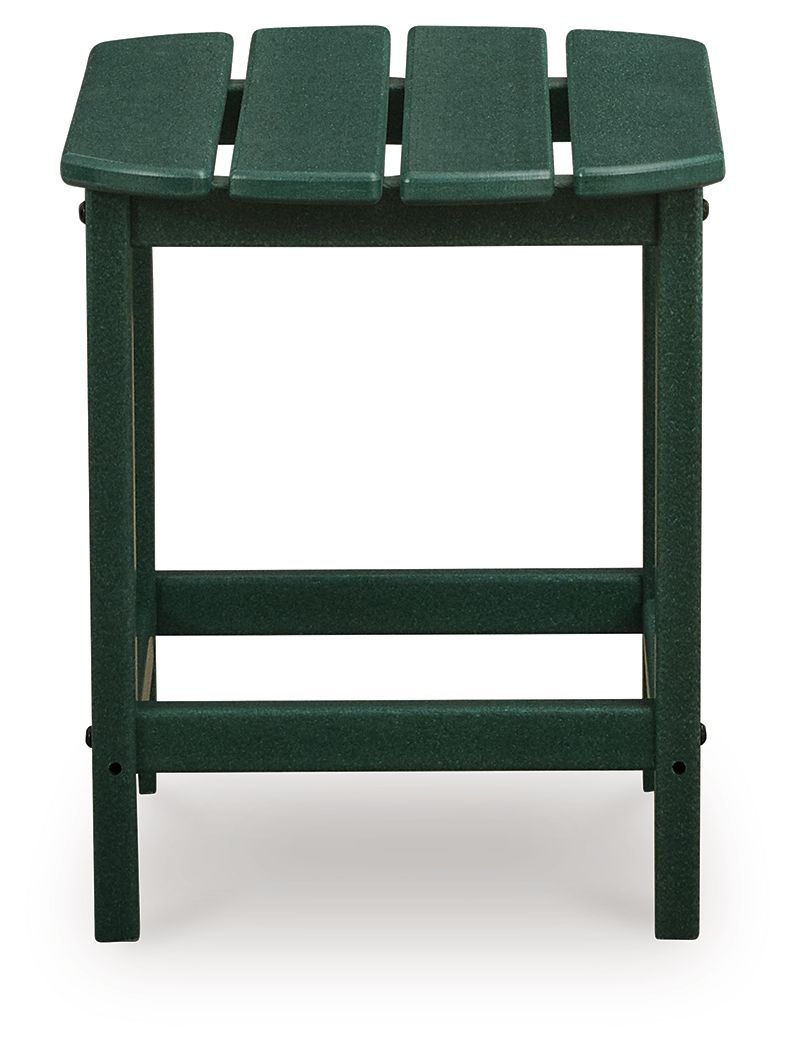 Green rectangular end table with slatted tabletop and open front frame with shelf