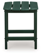 Green rectangular end table with slatted tabletop and open front frame with shelf
