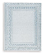 Blue Azelhurst rug with geometric border and center medallion
