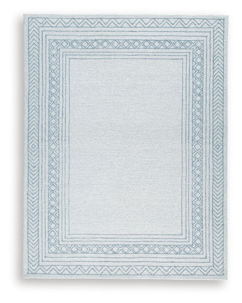 Blue Azelhurst rug with geometric border and center medallion