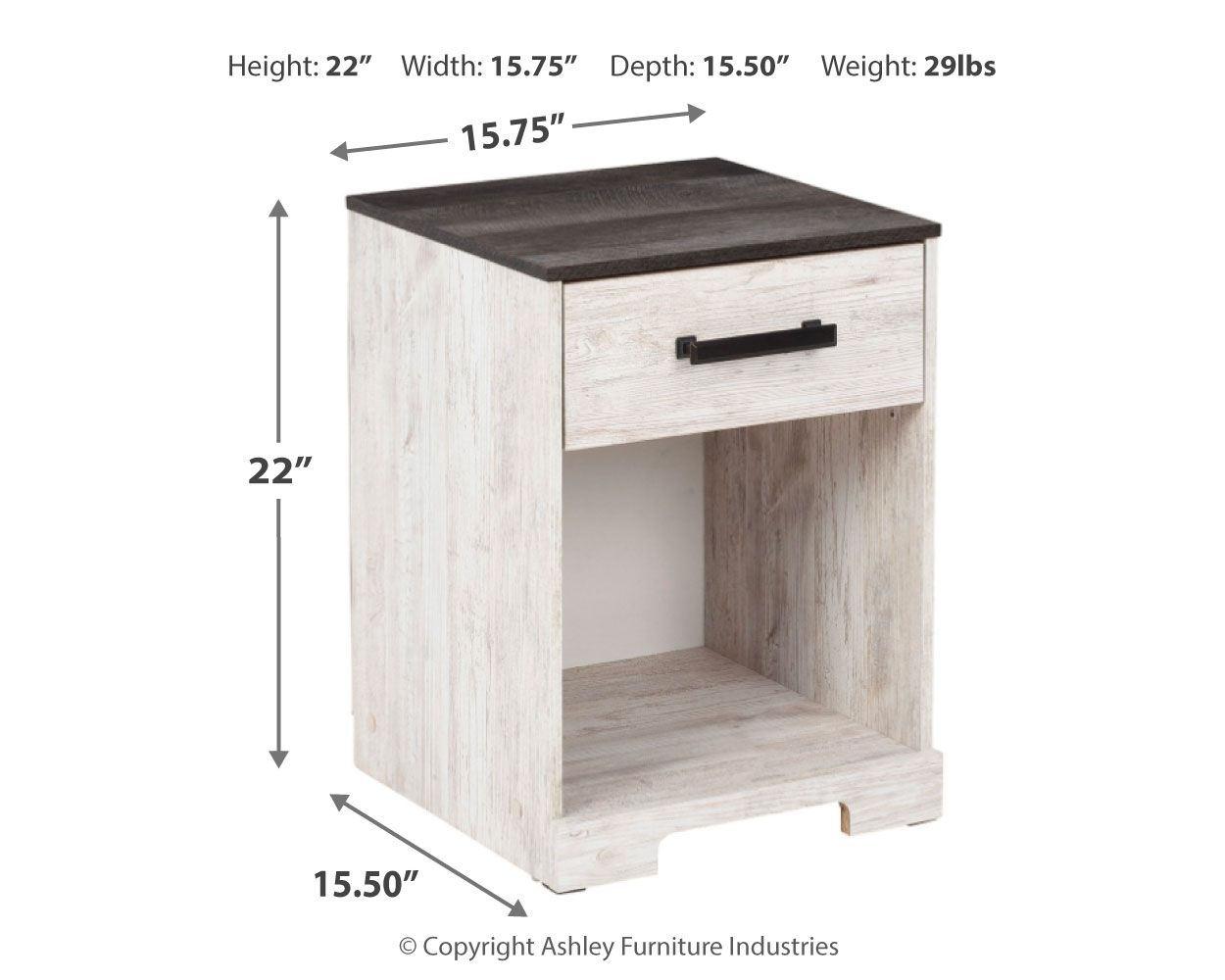Whitewash one-drawer night stand with dark top and open storage compartment