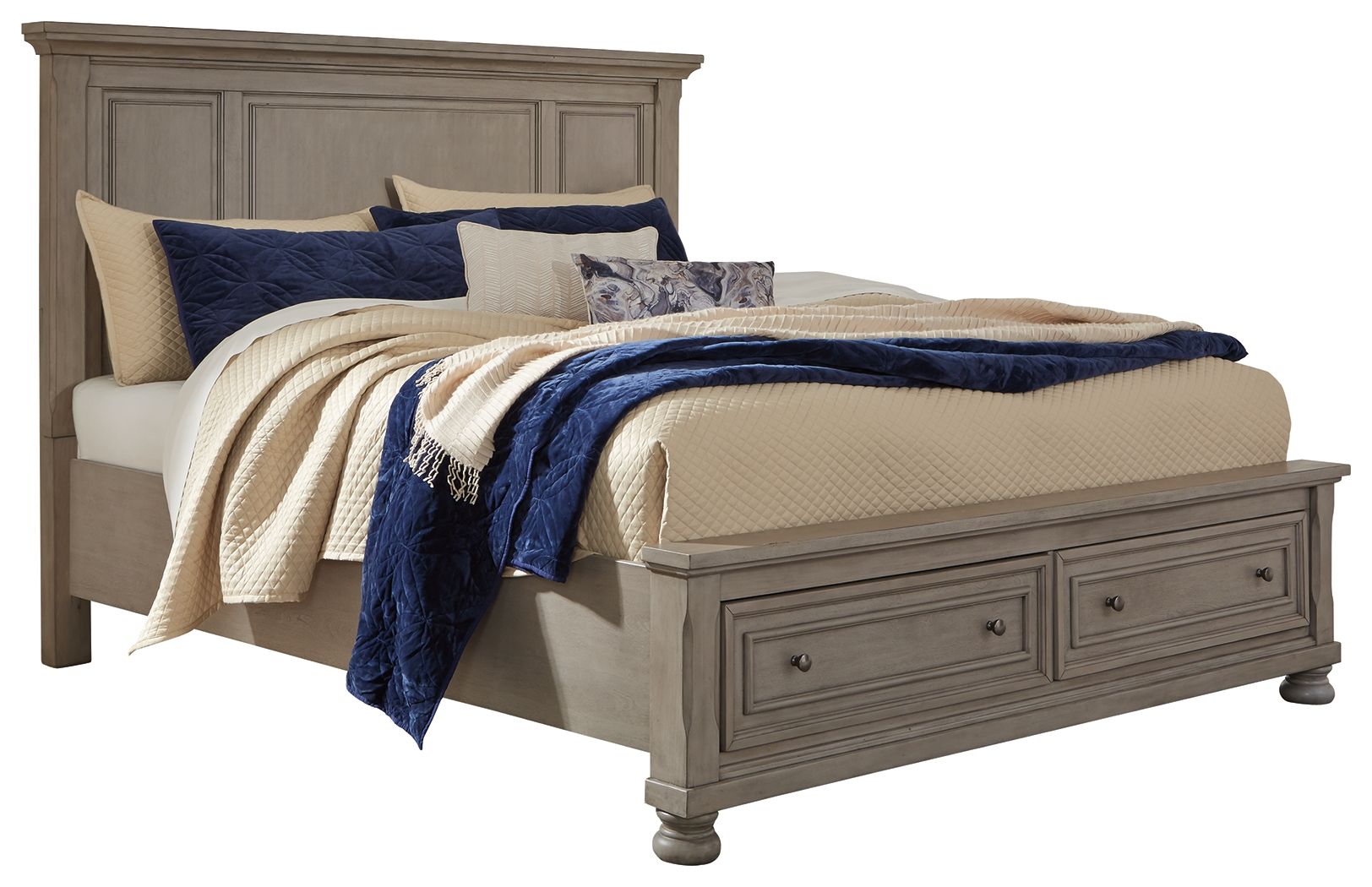 Gray panel storage bed with drawers, upholstered headboard and side rails
