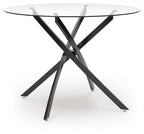 Round glass dining table with black X-frame base and clear glass top
