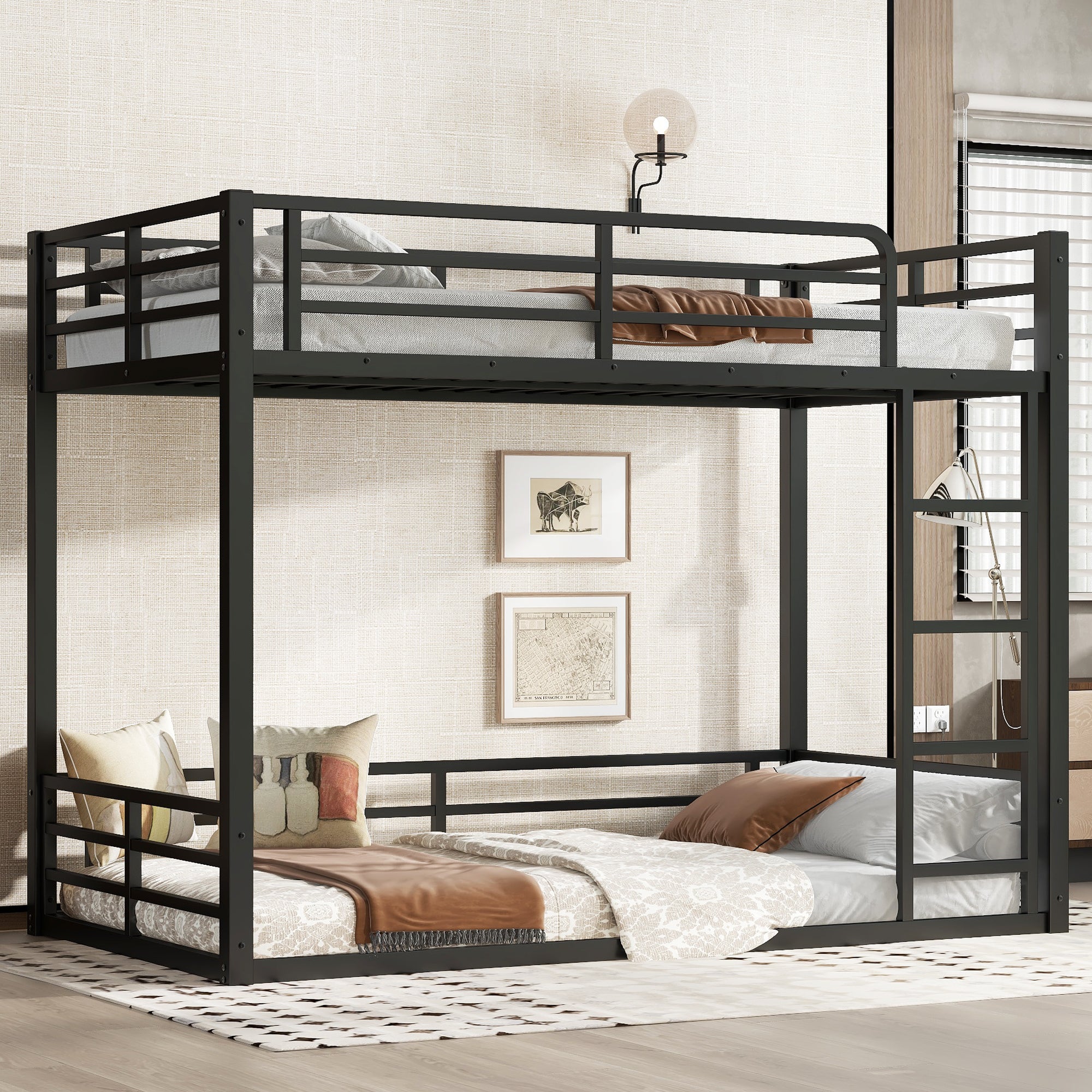 Heavy-Duty Metal Twin XL Floor Bunk Bed - Noise-Reduced, Black