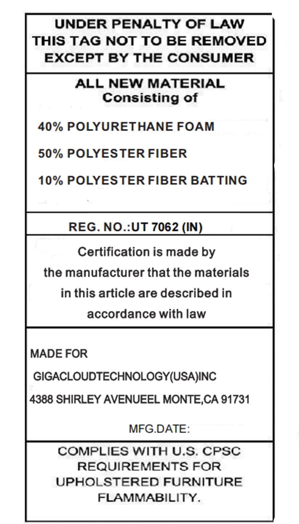 Furniture materials and compliance label with polyester foam and CPSC info