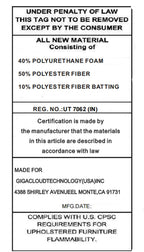 Furniture materials and compliance label with polyester foam and CPSC info