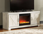 Beige TV console with two cabinet doors and built-in electric fireplace