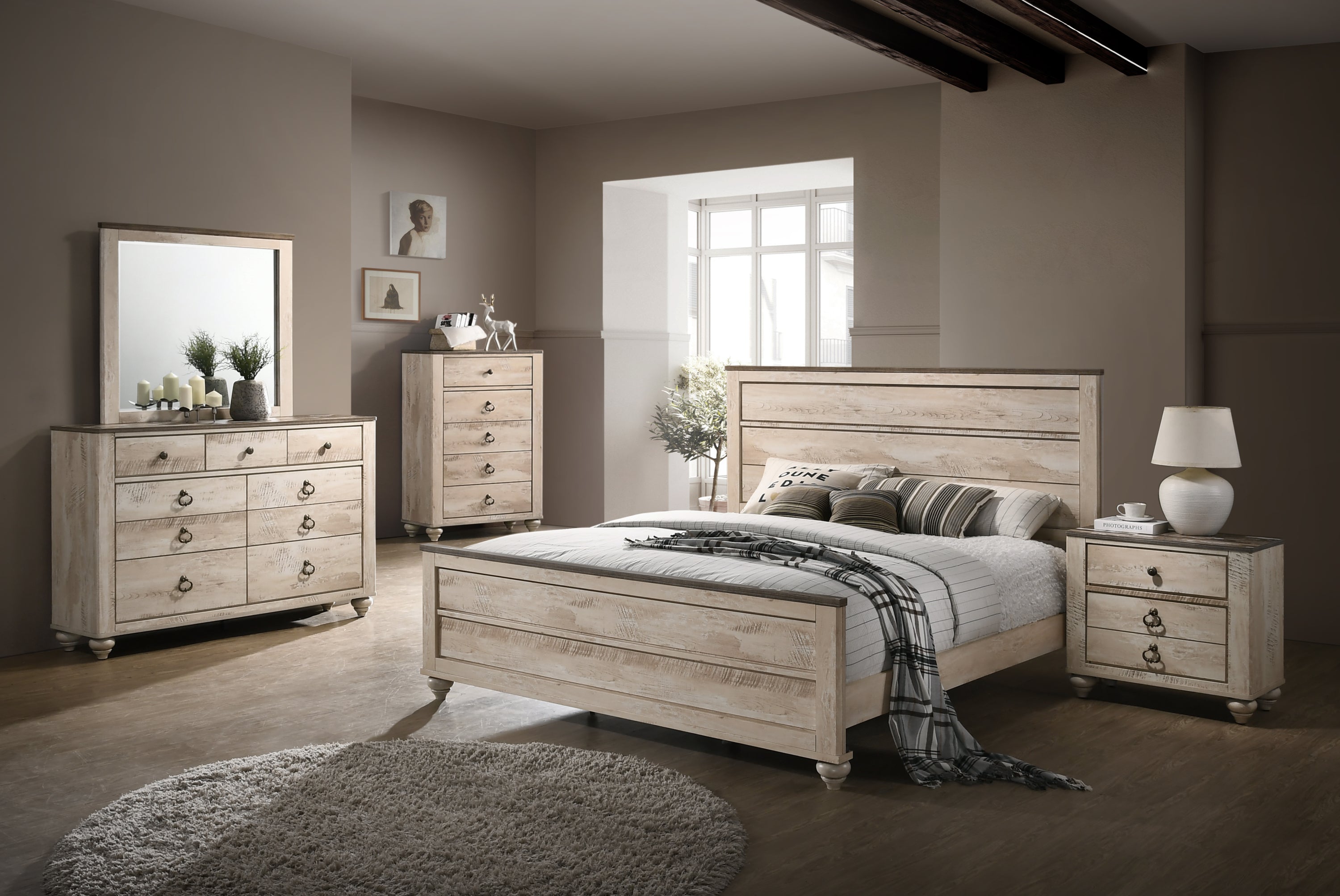 Imerland Contemporary White Wash King Bedroom Set - Dresser Mirror Chest