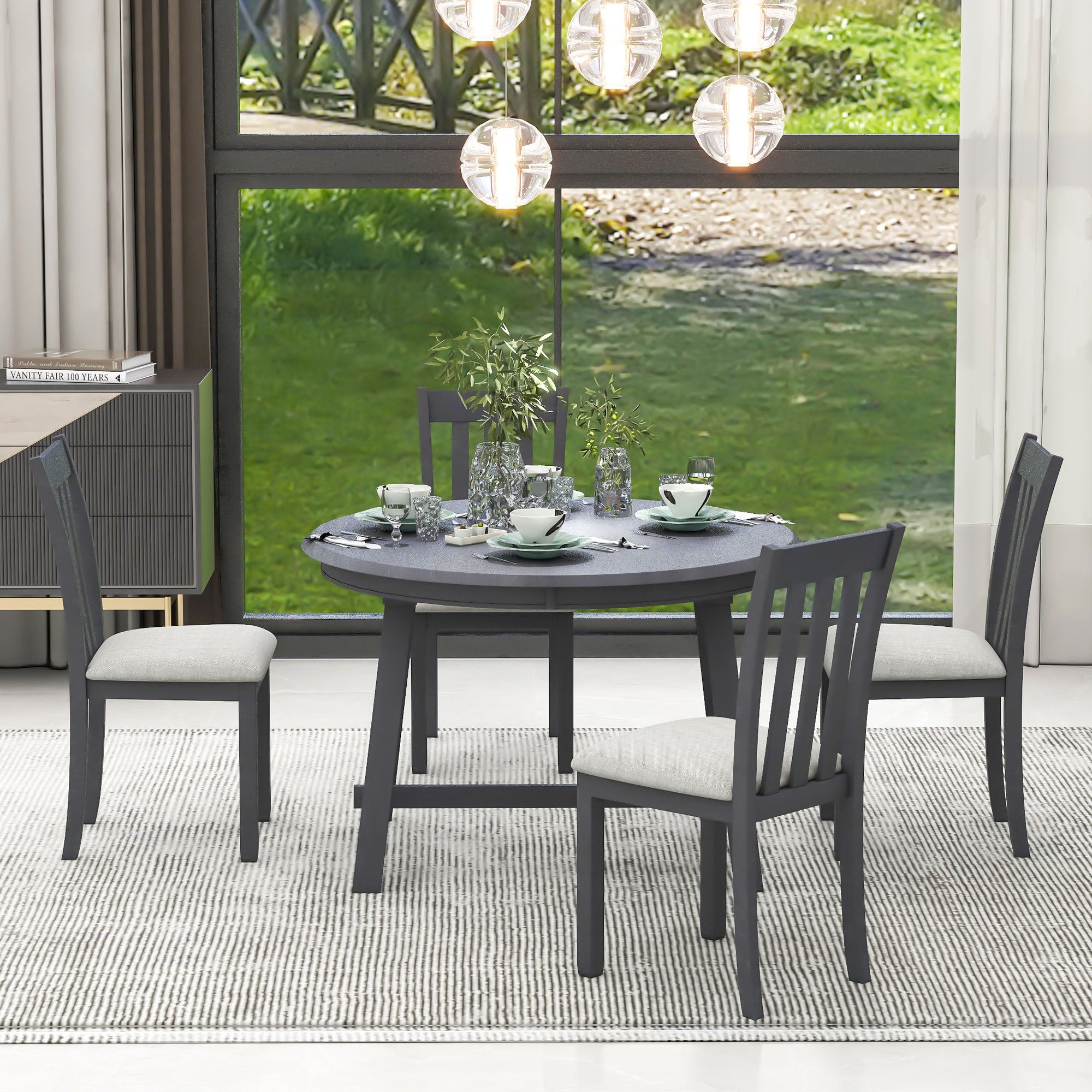 5-Piece Round Extendable Dining Table Set (Gray)