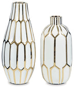 Gold-finish white vase set of 2 with ribbed diamond pattern