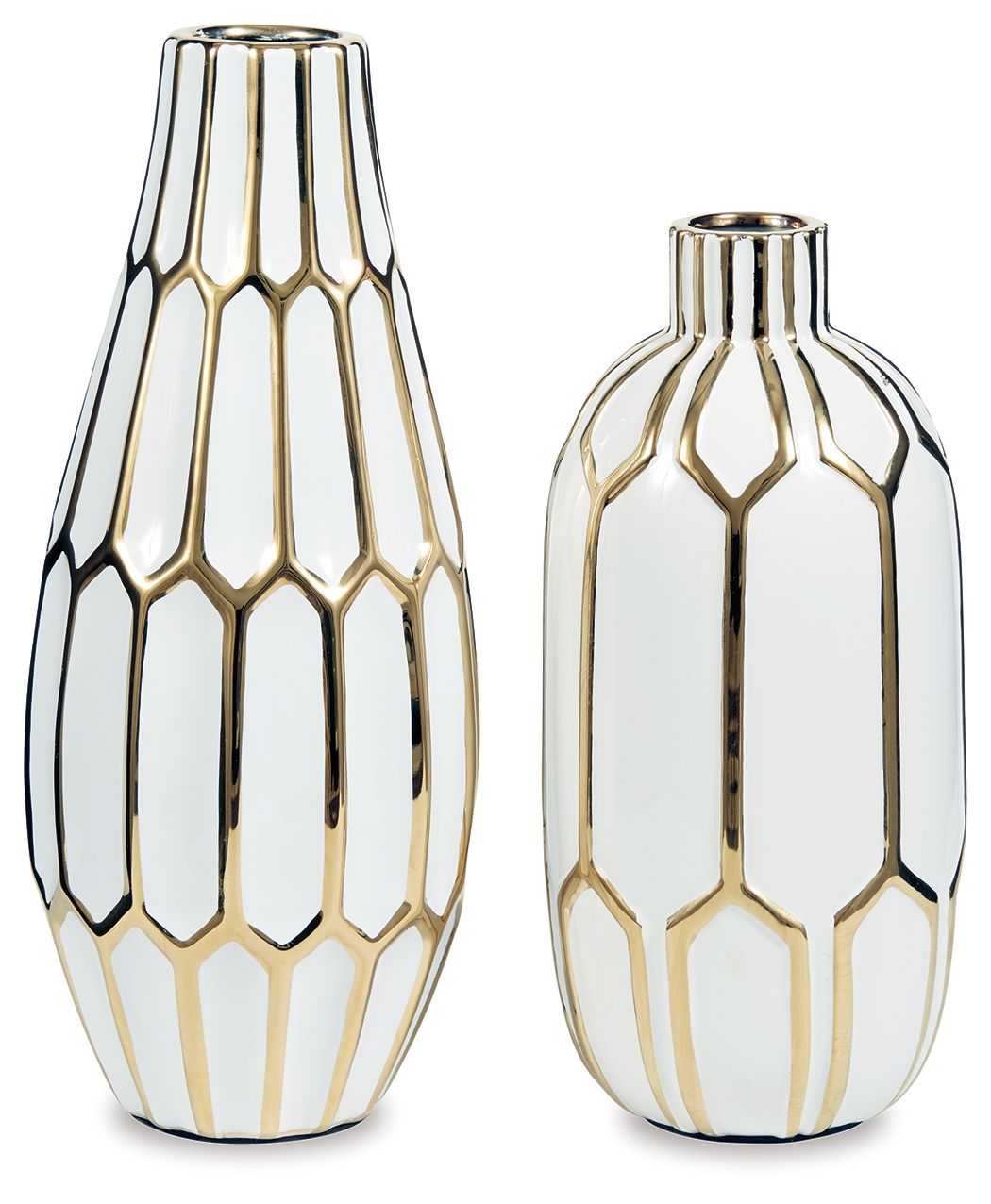 Gold-finish white vase set of 2 with ribbed diamond pattern