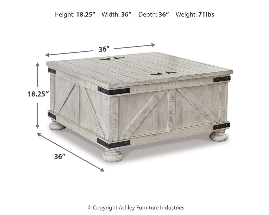 Whitewash cocktail table with storage, height and size measurement arrows shown