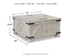 Whitewash cocktail table with storage, height and size measurement arrows shown