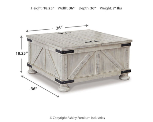 Whitewash cocktail table with storage, height and size measurement arrows shown
