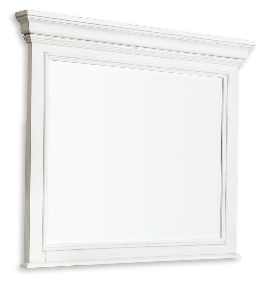 Whitewash bedroom mirror with rectangular frame and flat top molding