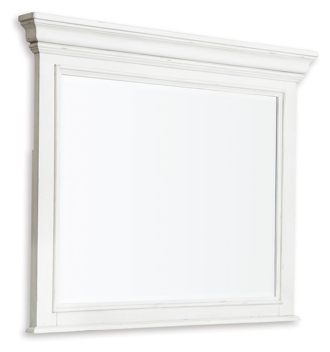 Whitewash bedroom mirror with rectangular frame and flat top molding