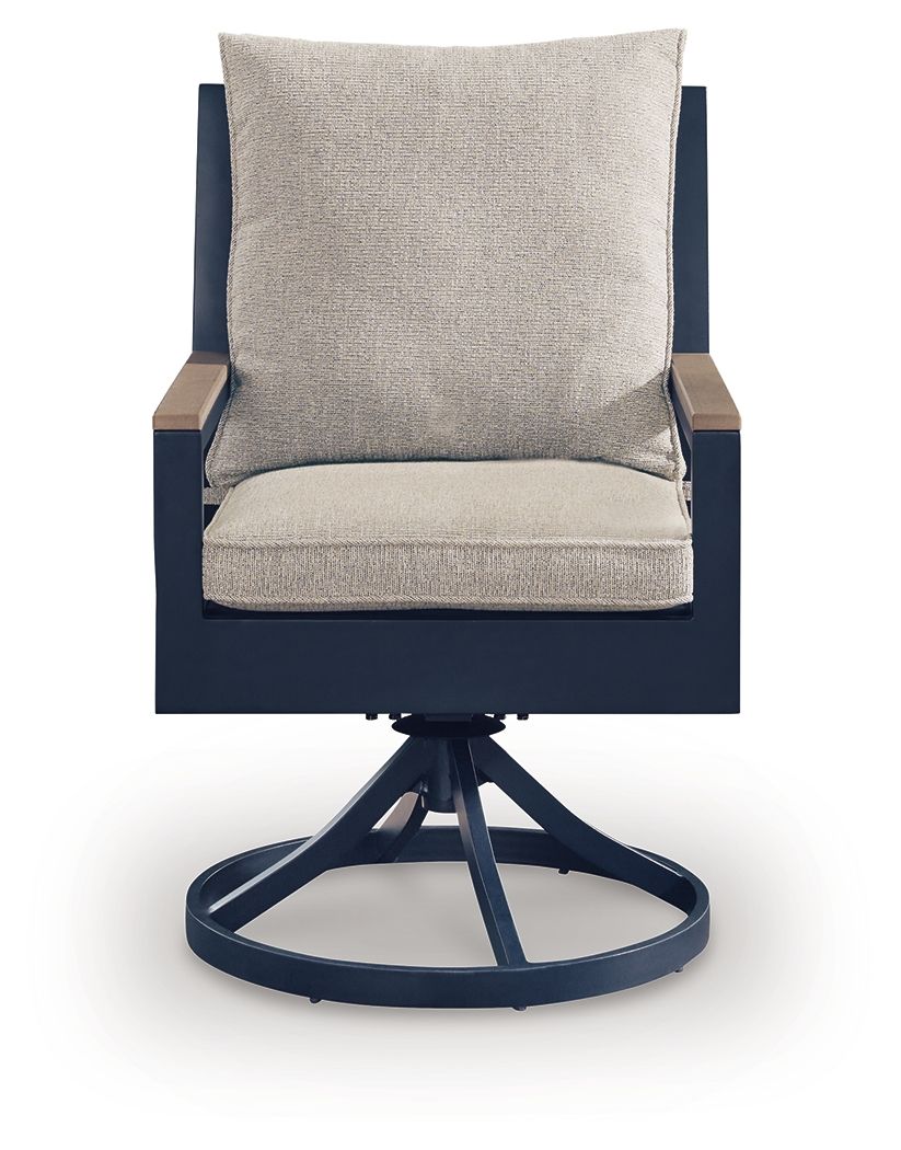 Blue swivel chair with beige seat cushion and tall backrest pillow