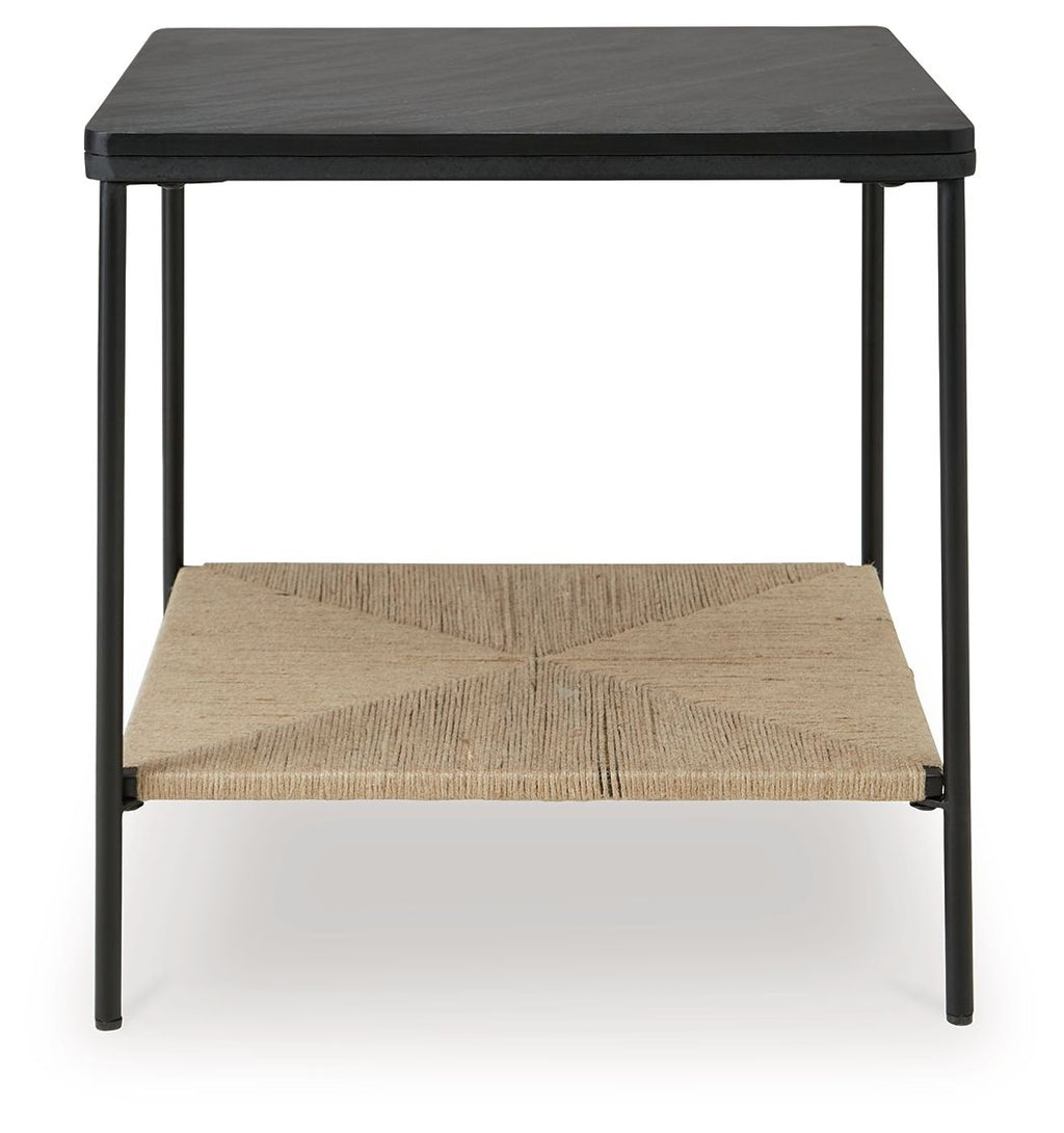 Black accent table with dark tabletop and beige lower shelf, simple square legs