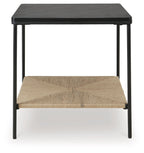 Black accent table with dark tabletop and beige lower shelf, simple square legs