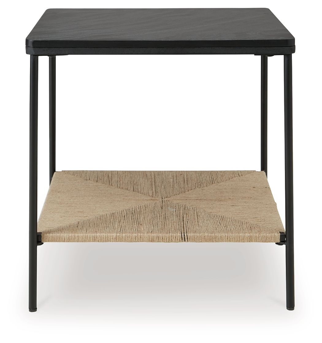 Black accent table with dark tabletop and beige lower shelf, simple square legs