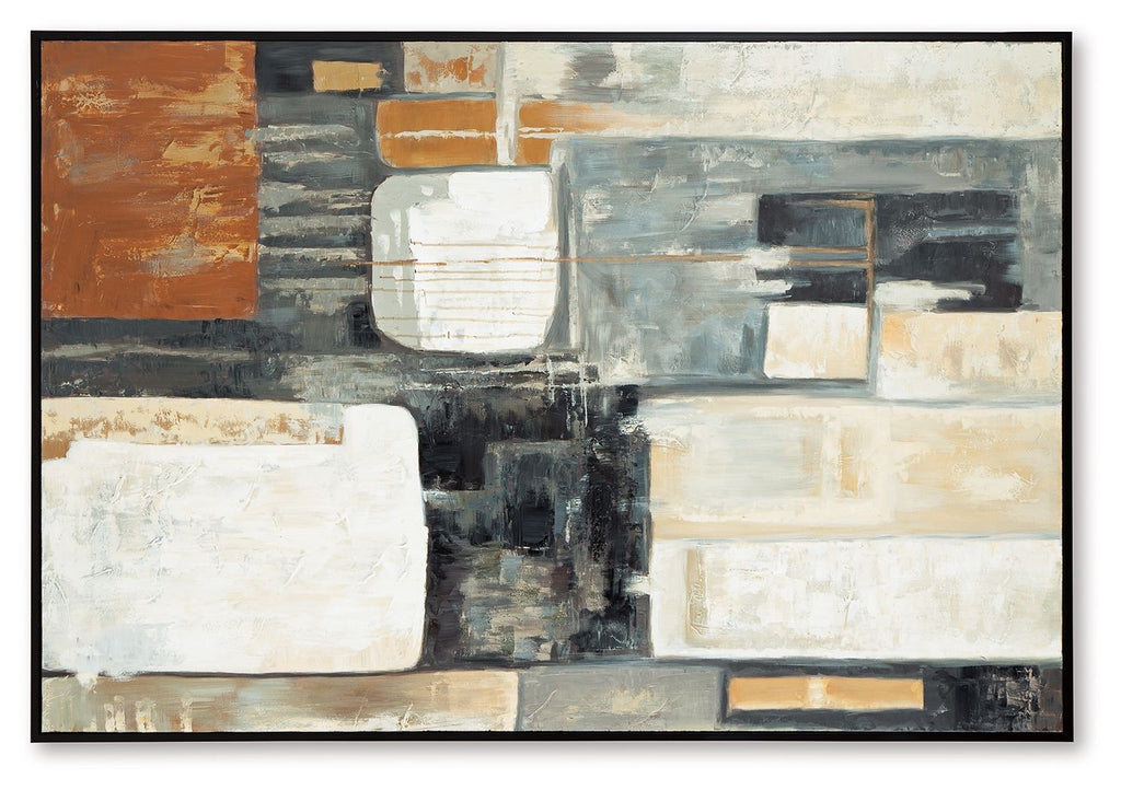 Framed abstract wall art with horizontal blocks in brown, black, gray, and cream