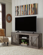 Gray TV stand with fireplace option with flat-screen TV and two storage cabinets