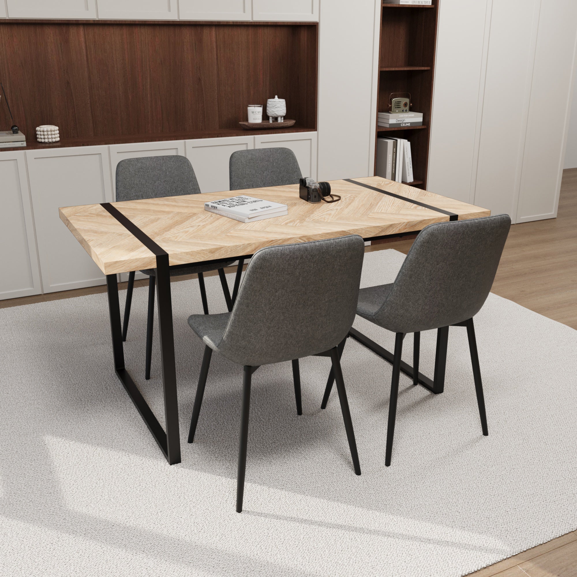 59" Modern Dining Table & 4 Chairs Set - Light Wood