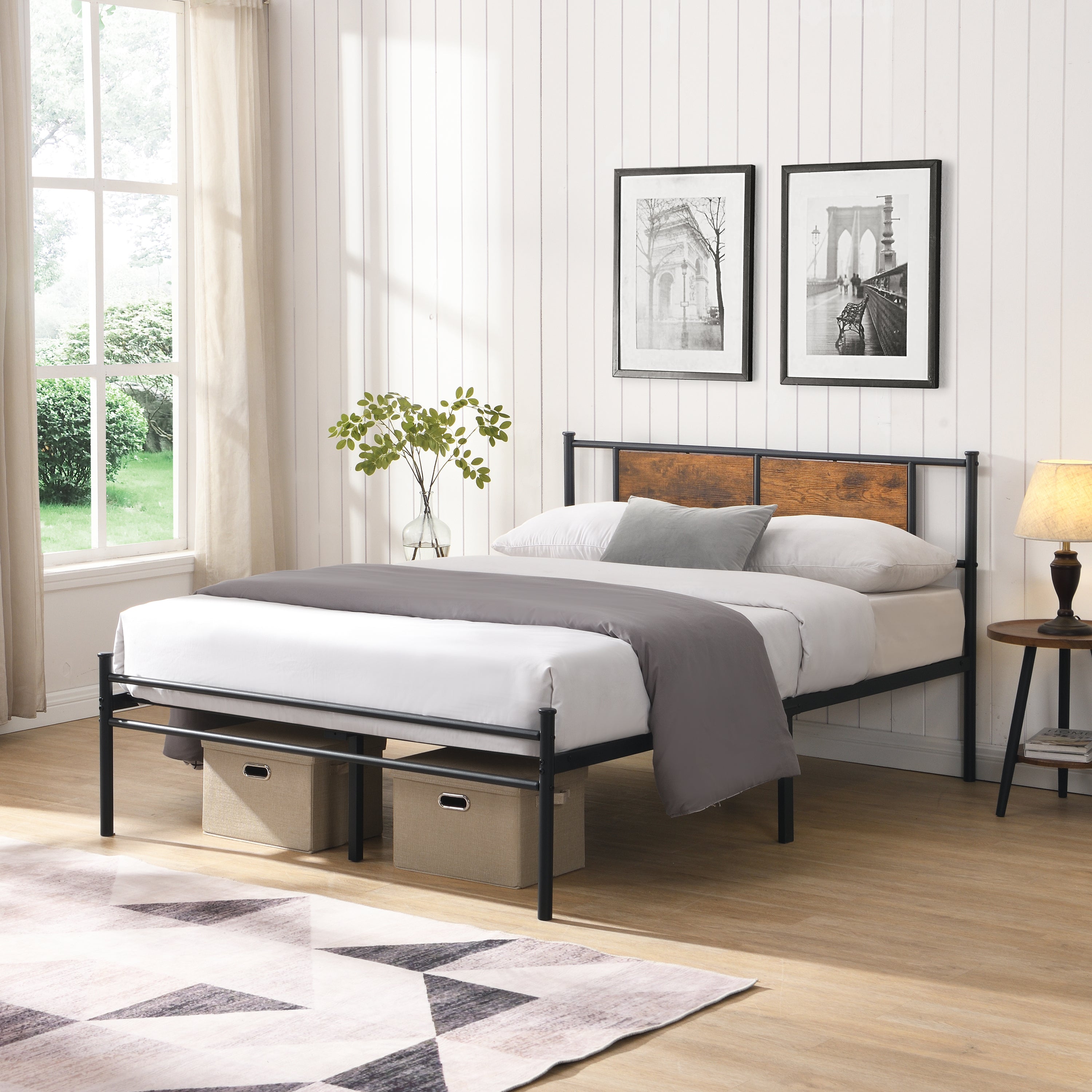 Black King Metal Bed Frame w/Wood Headboard