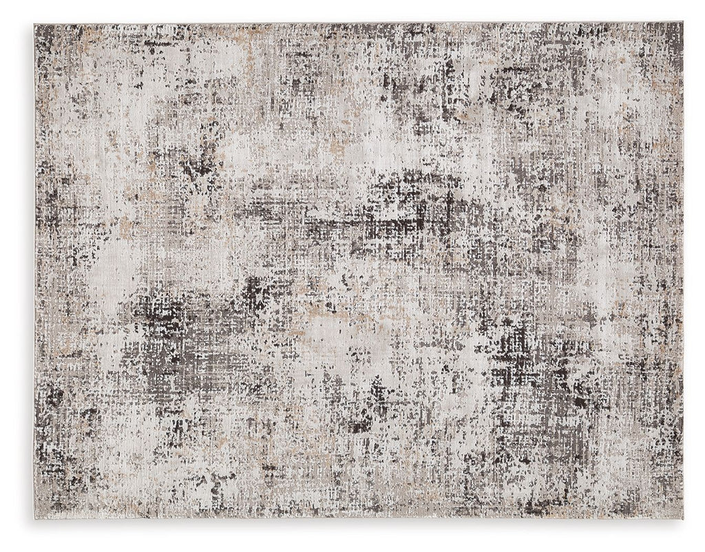 Dark gray abstract area rug with distressed pattern, flat weave look