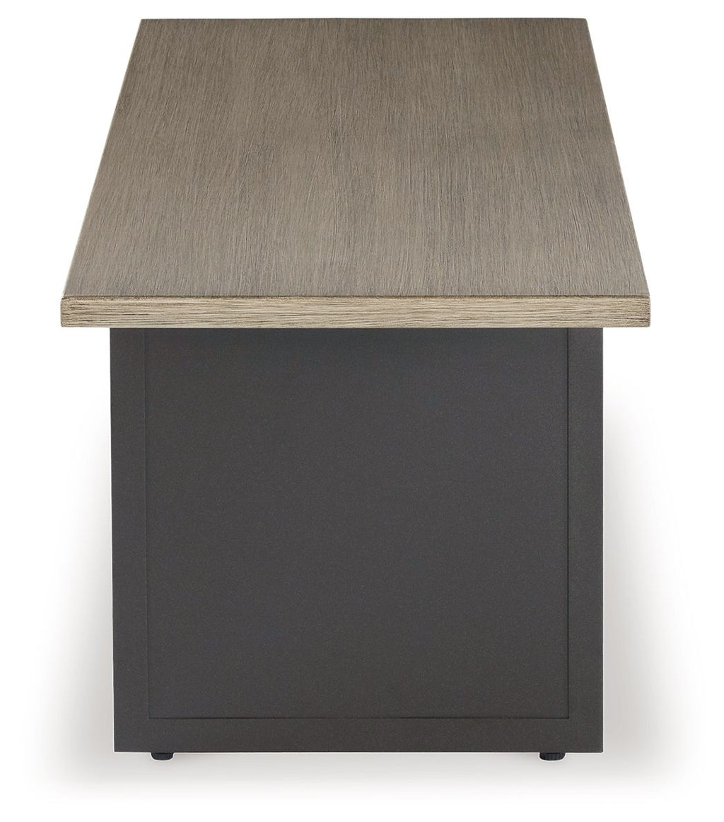 Rectangular end table with brown top and dark gray pedestal base with feet